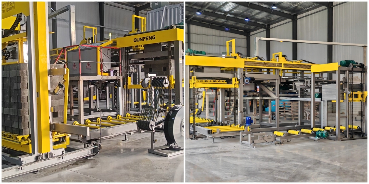 Automatic palletizing system for Qunfeng Machinery’s fully automatic concrete product production line. Sistema de paletização automática para a linha de produção de produtos de concreto totalmente automática da Qunfeng Machinery.