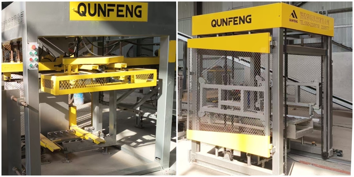 The QS1000 fully automatic concrete product production line from Qunfeng Machinery features automated auxiliary equipment; its high level of intelligence effectively reduces the need for manual intervention. A linha de produção de produtos de concreto totalmente automática QS1000 da Qunfeng Machinery possui equipamento auxiliar automatizado; seu alto nível de inteligência reduz efetivamente a necessidade de intervenção manual.
