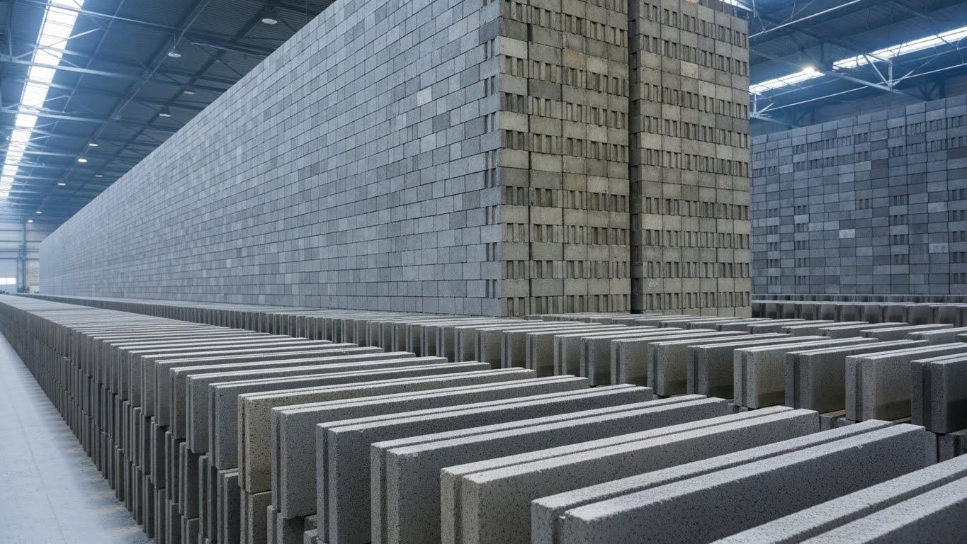 Linha de produ&ccedil;&atilde;o de blocos de concreto