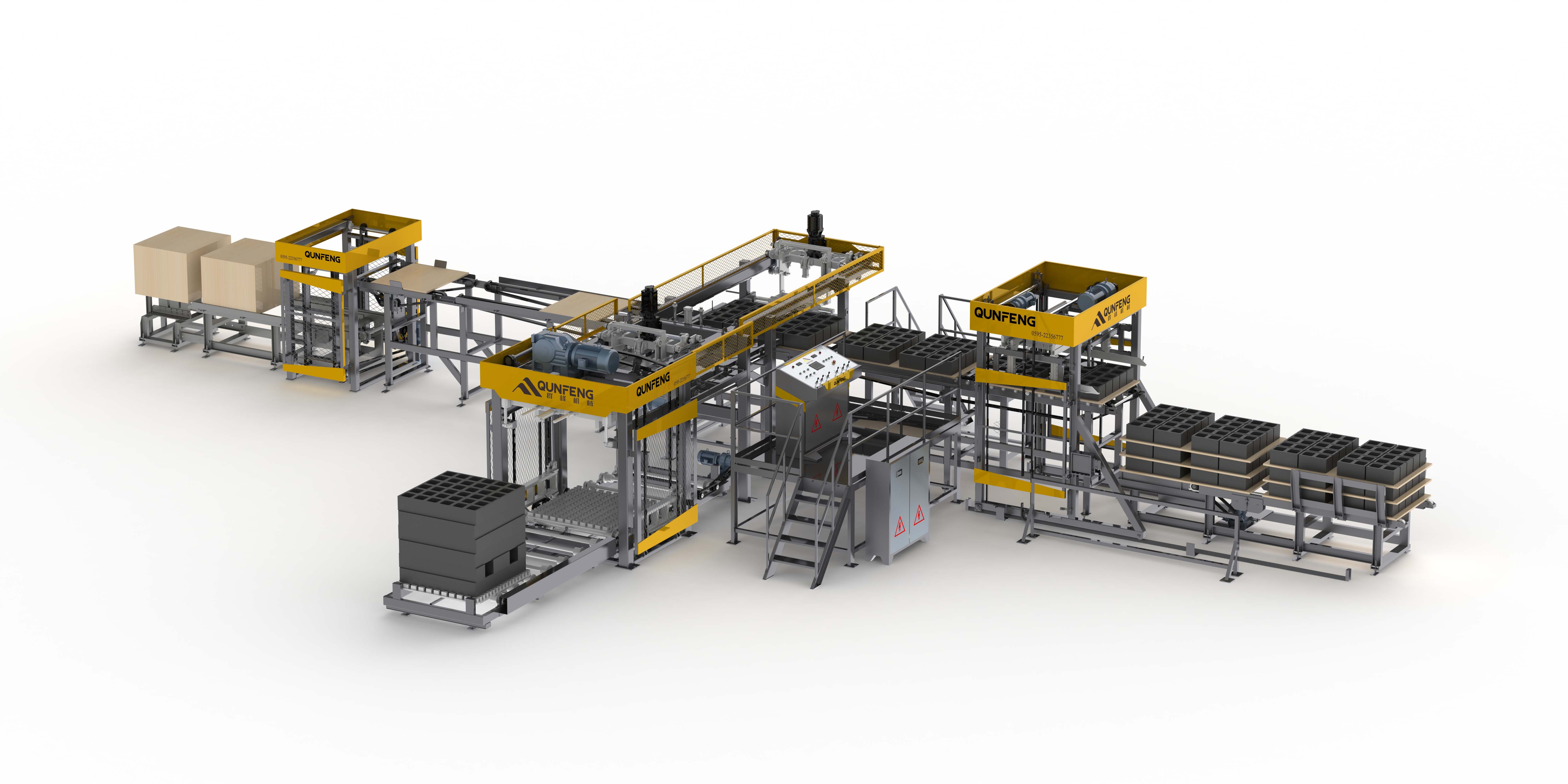 Sistema de paletiza&ccedil;&atilde;o de posi&ccedil;&atilde;o baixa QMD1200D para vista frontal de blocos de concreto